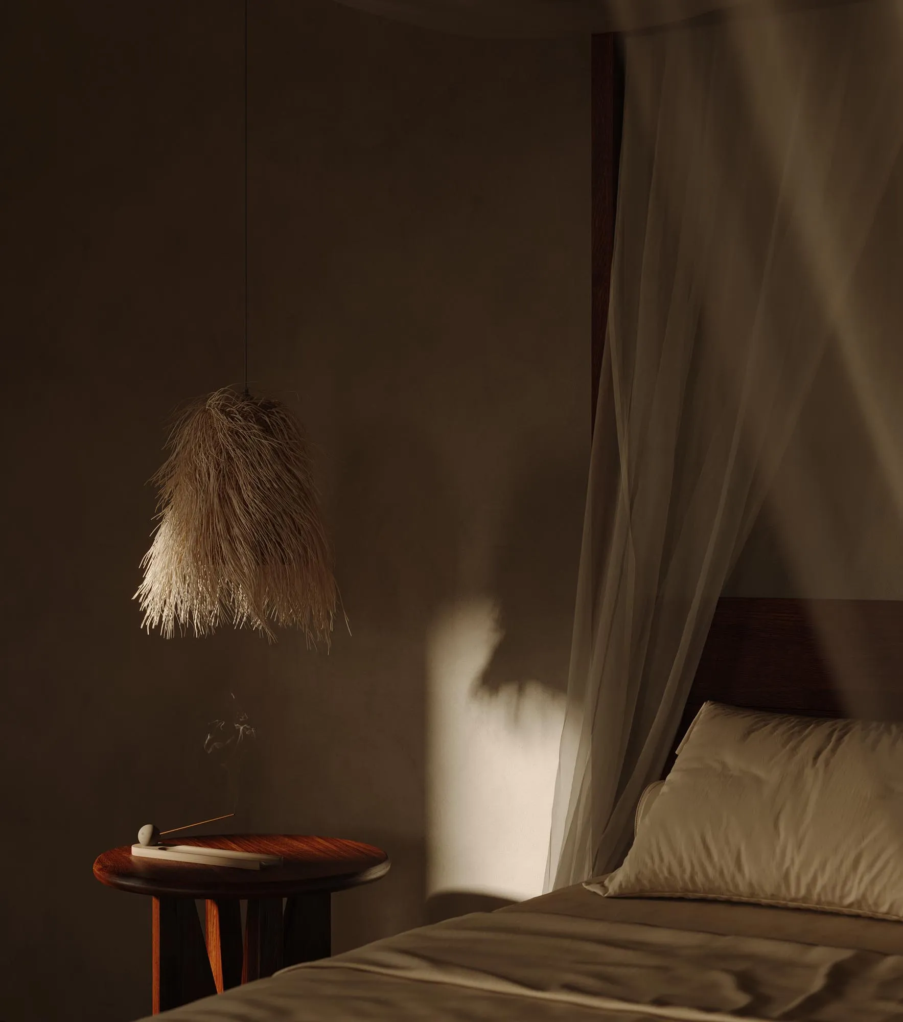 Dark bedroom with a canopy bed and a straw lamp