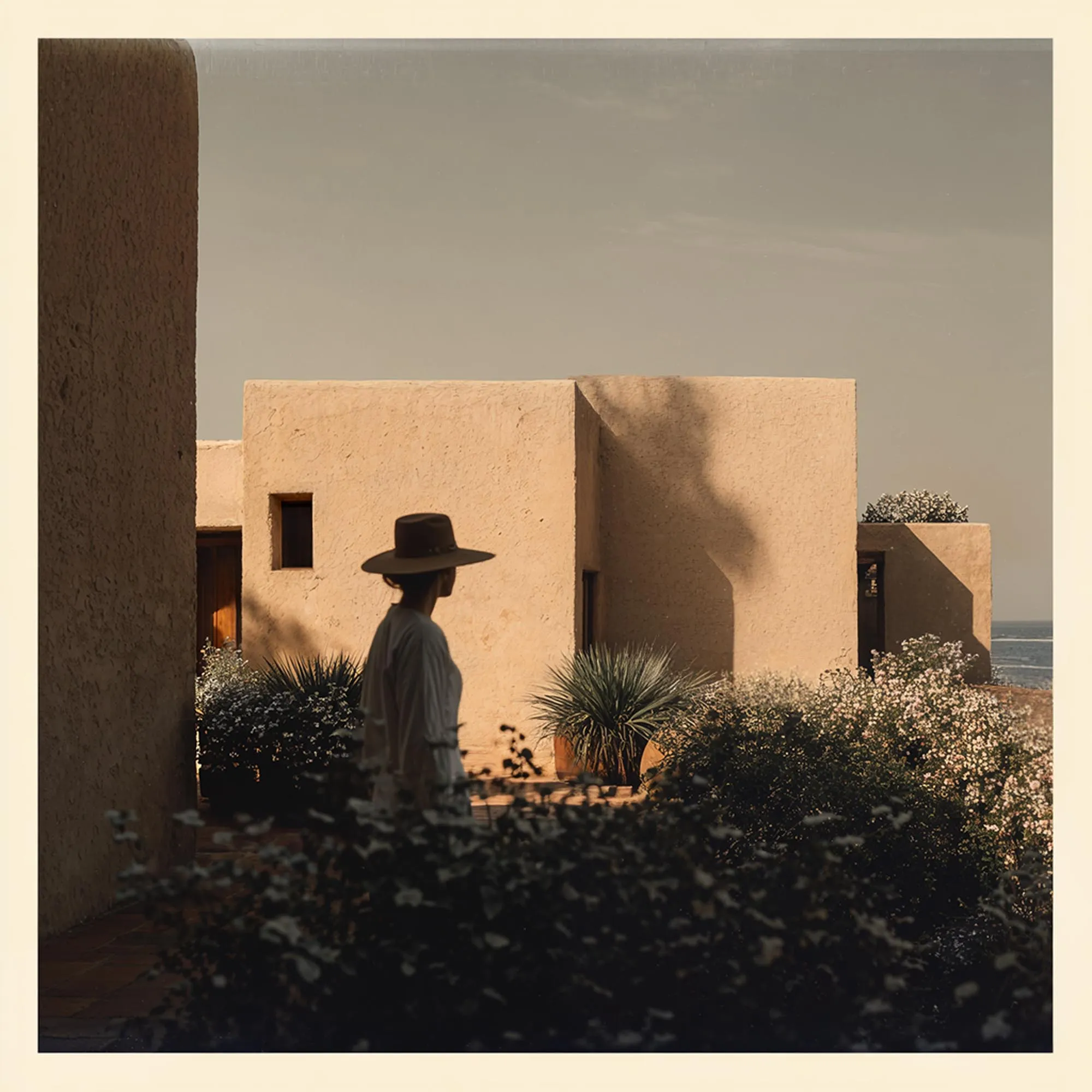 Figures on the terrace at sunset