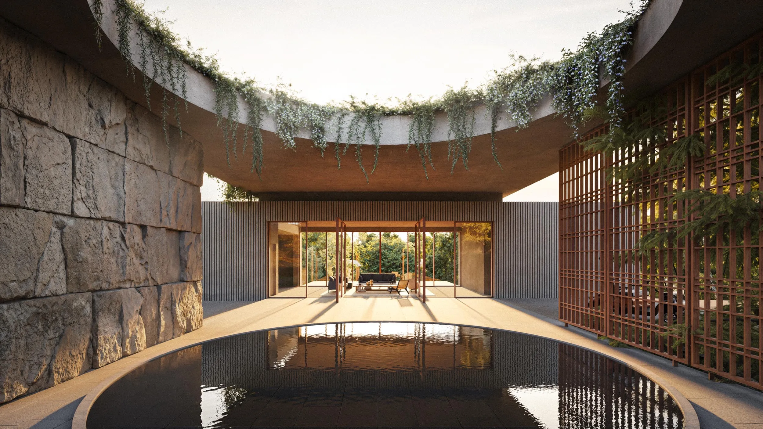 The curved concrete canopy over the pool