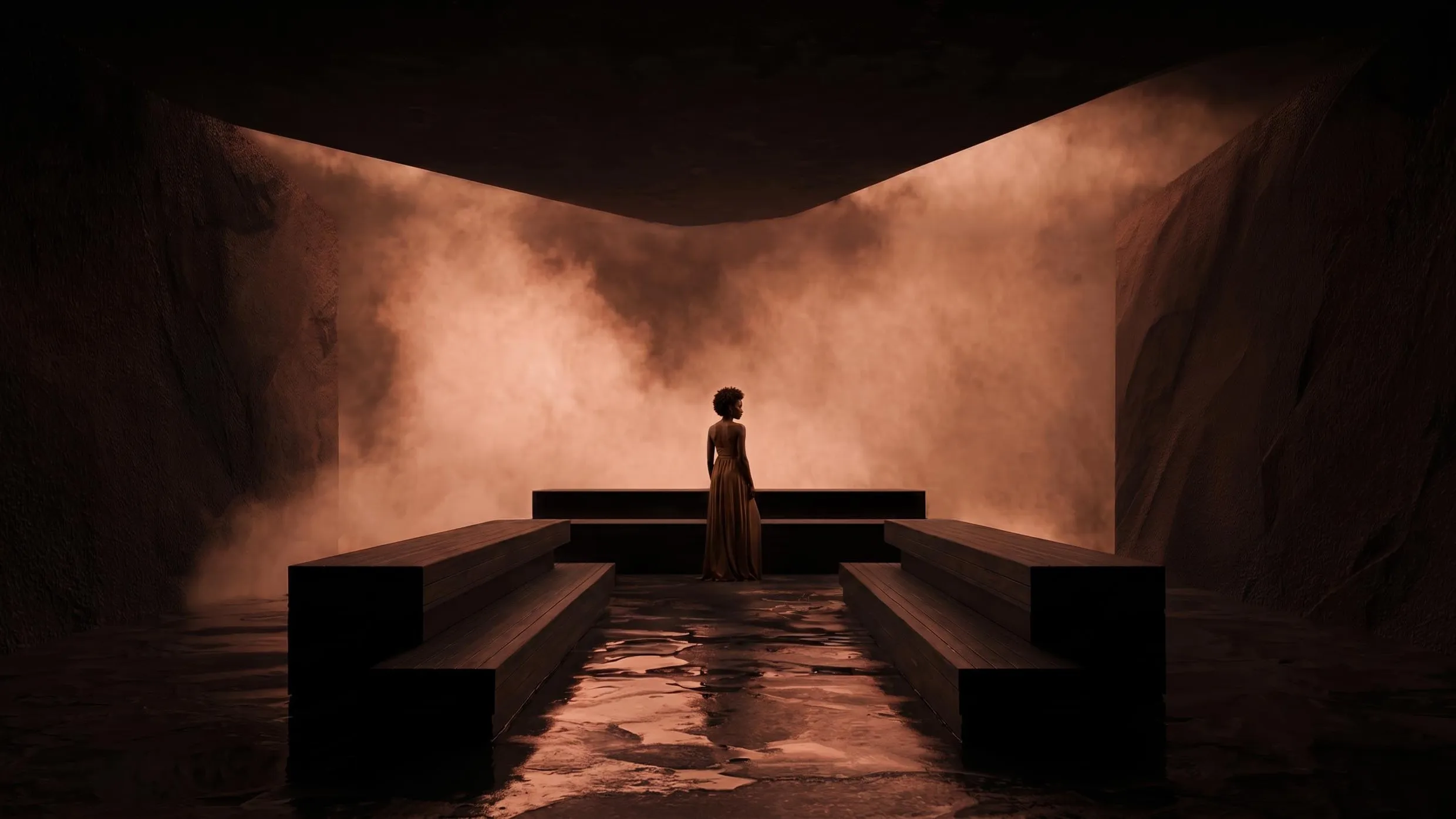 The entrance corridor, a figure in copper light