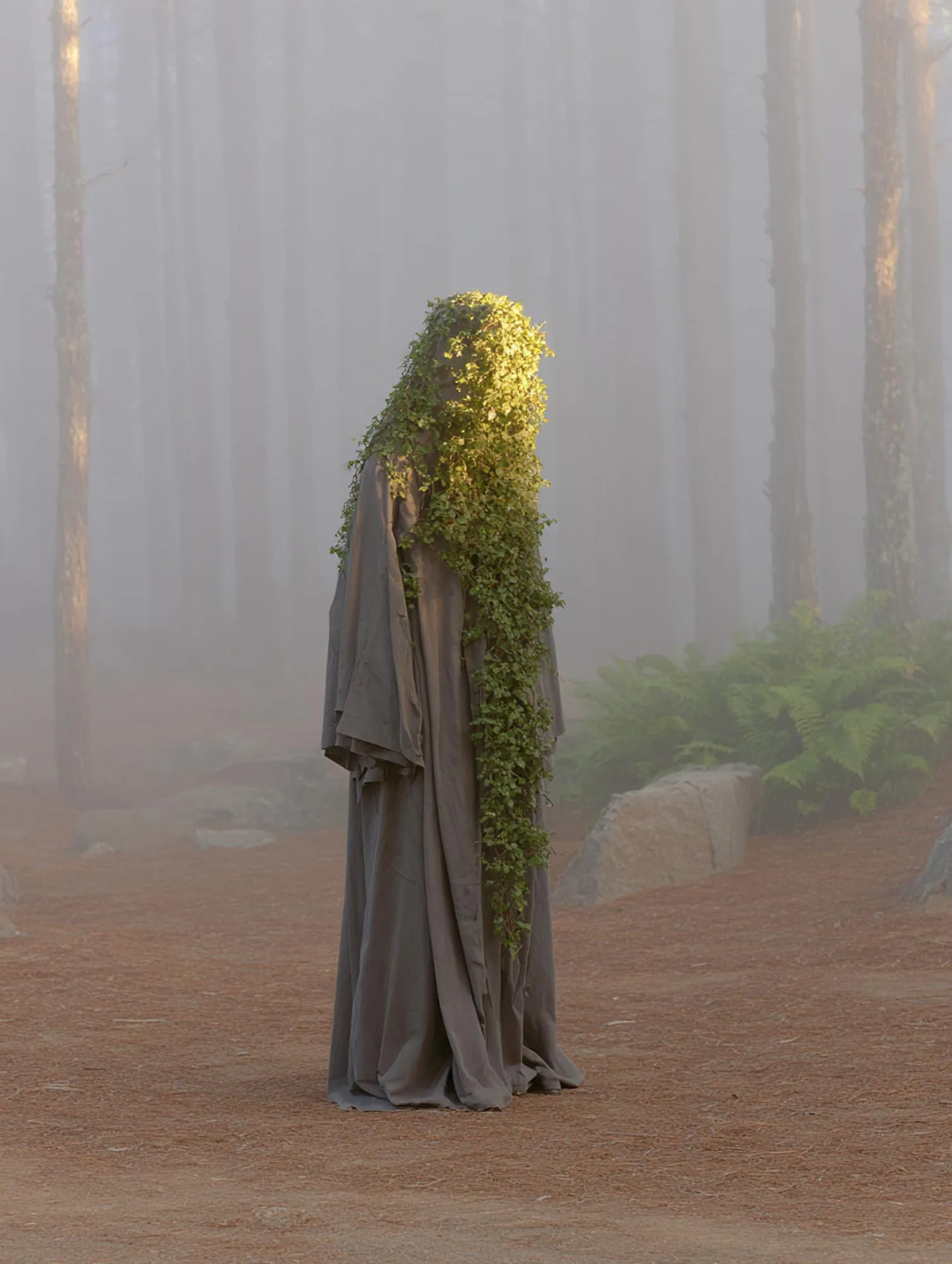 Figure with a head of moss in the fog