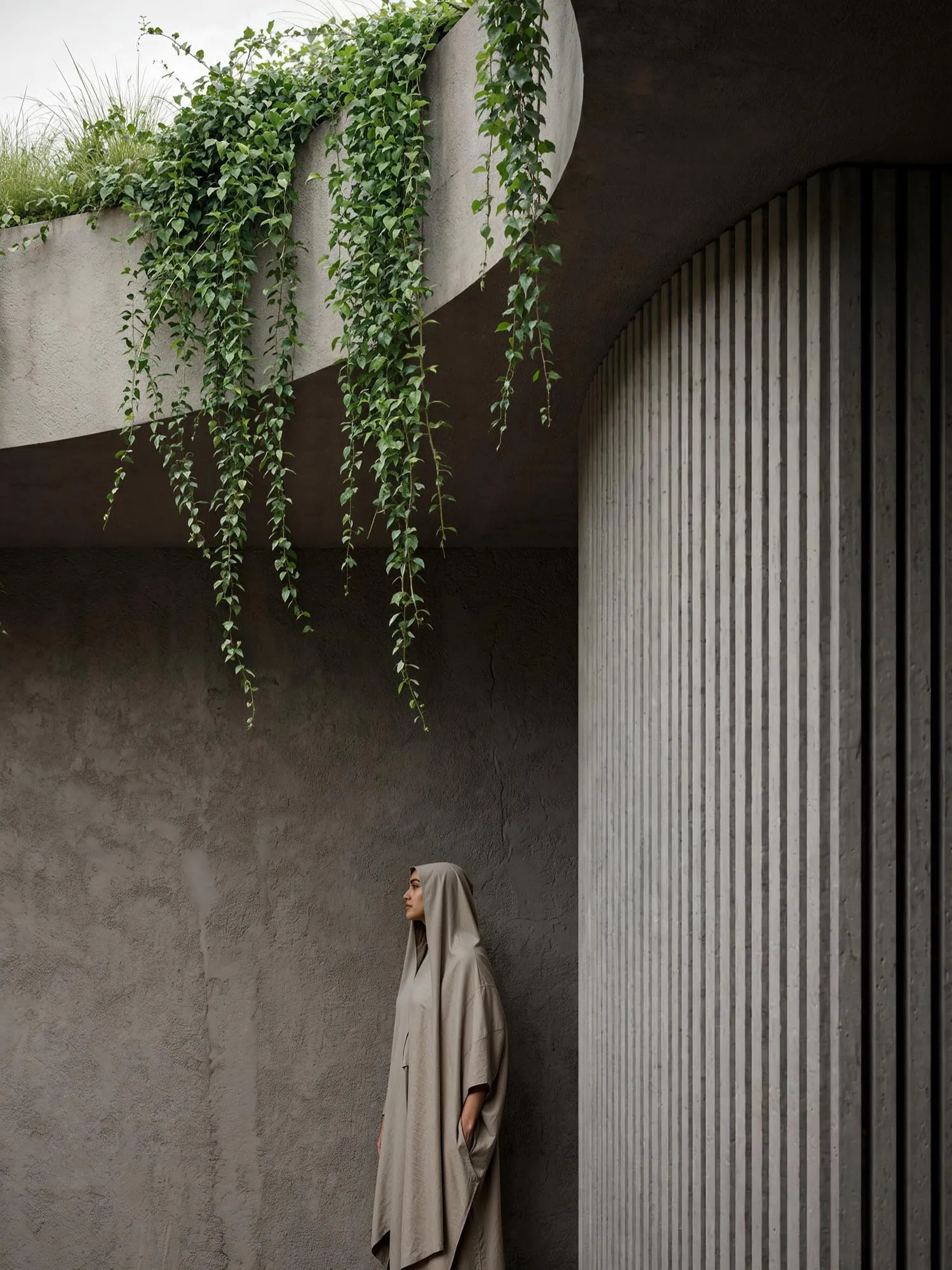 Curved wall with hanging plants and a figure