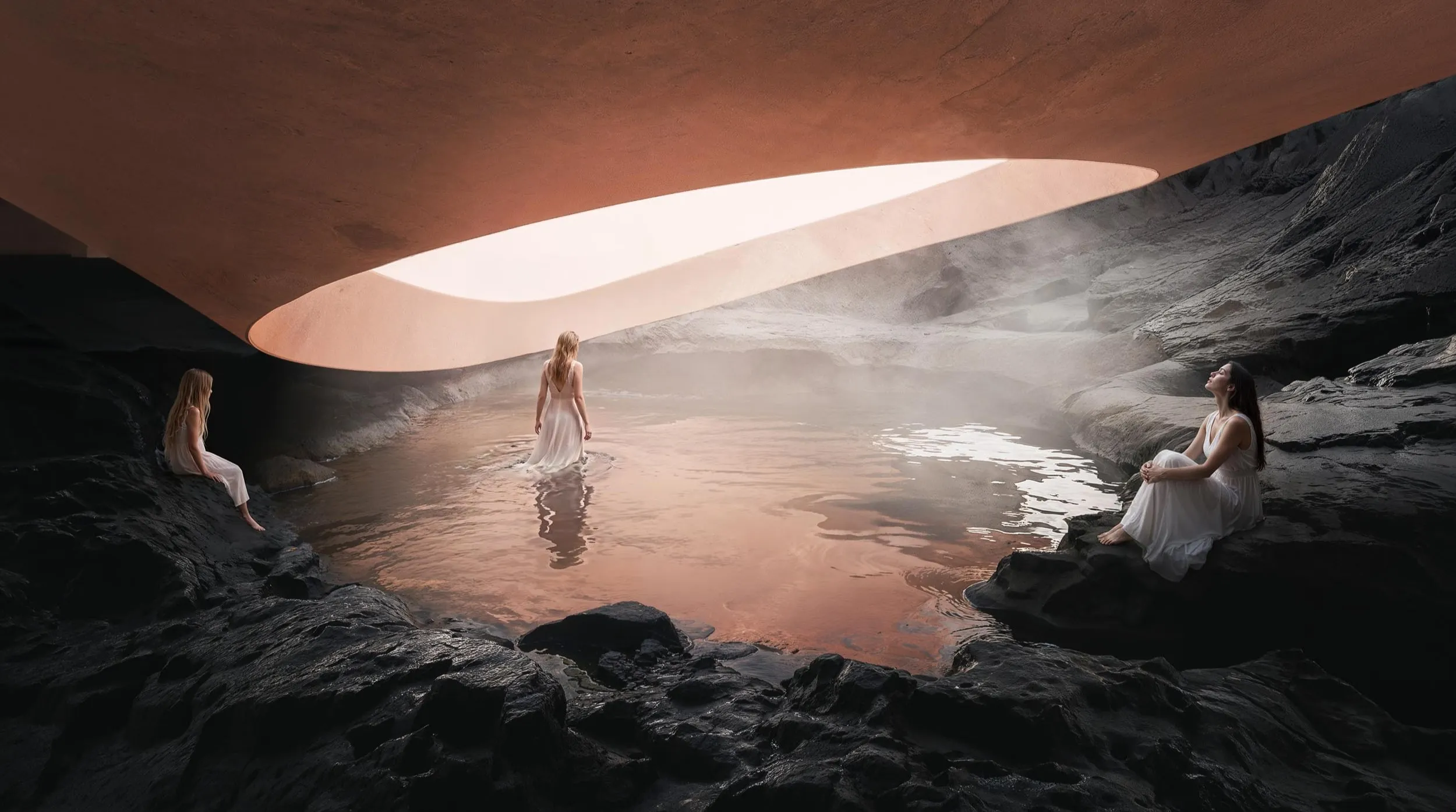 The baths under the oculus, figures in the water