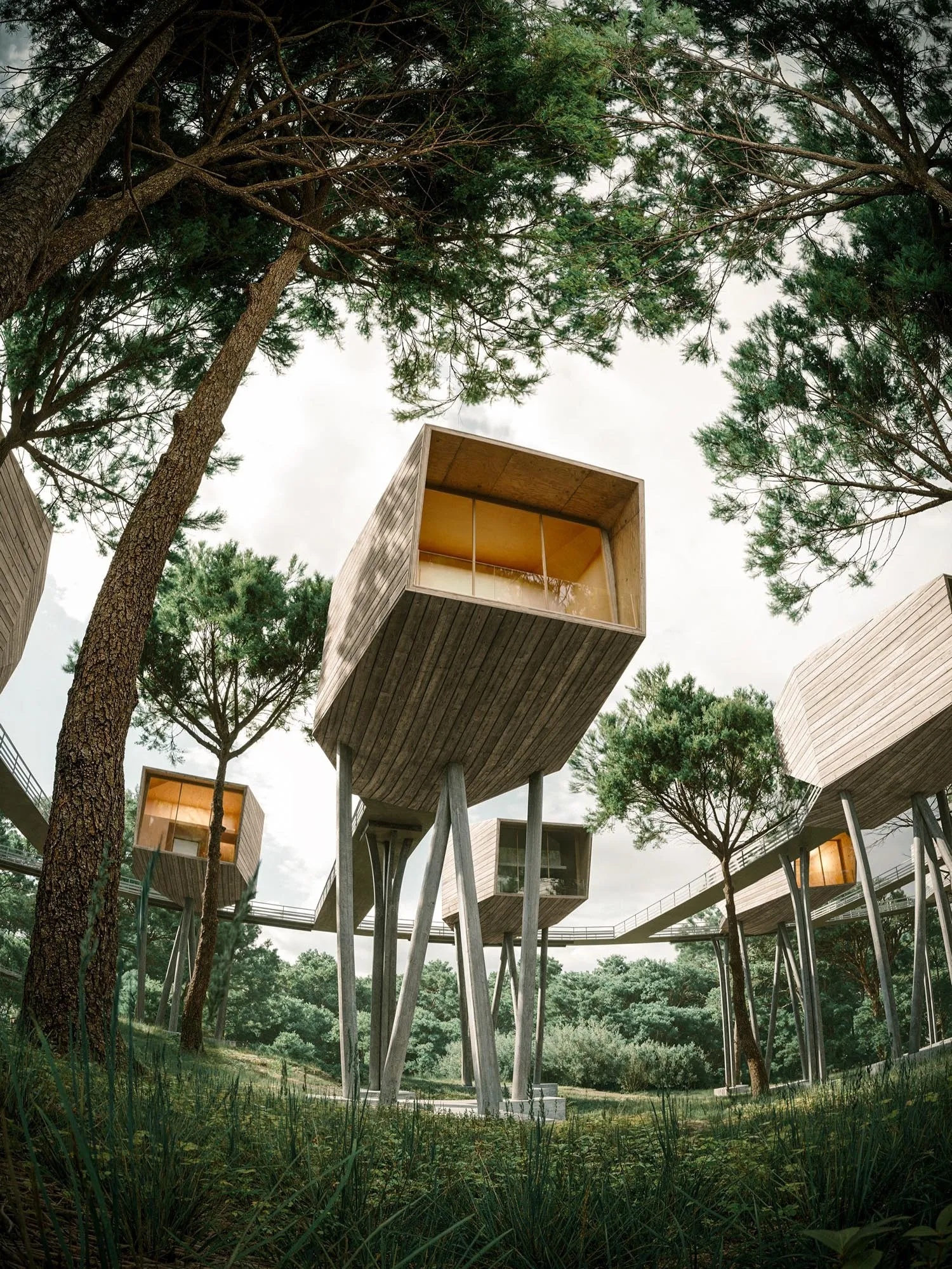 A cabin from below, the cantilevered box among branches
