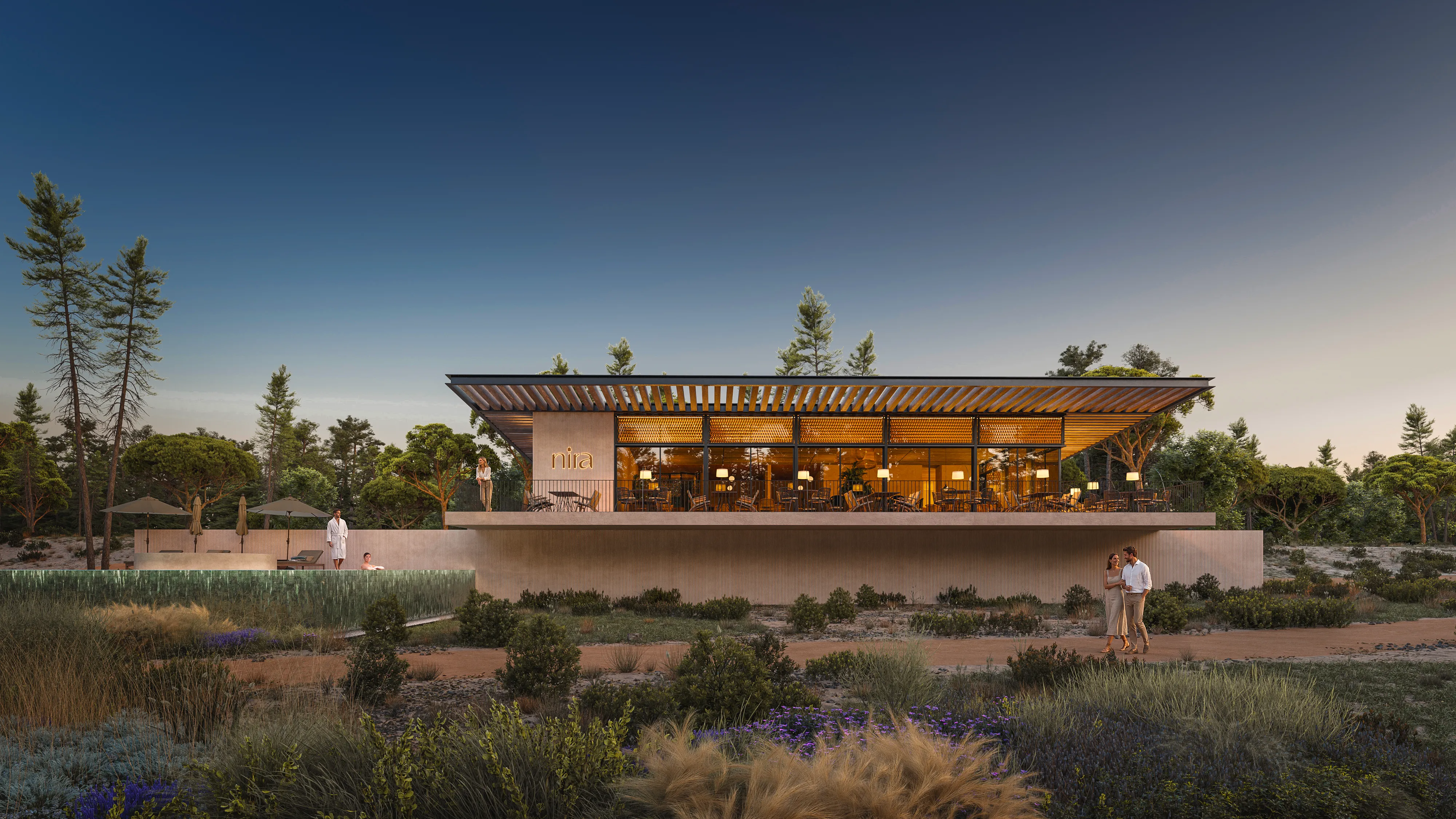 Restaurant pavilion among pine trees at dusk, 360 virtual tour