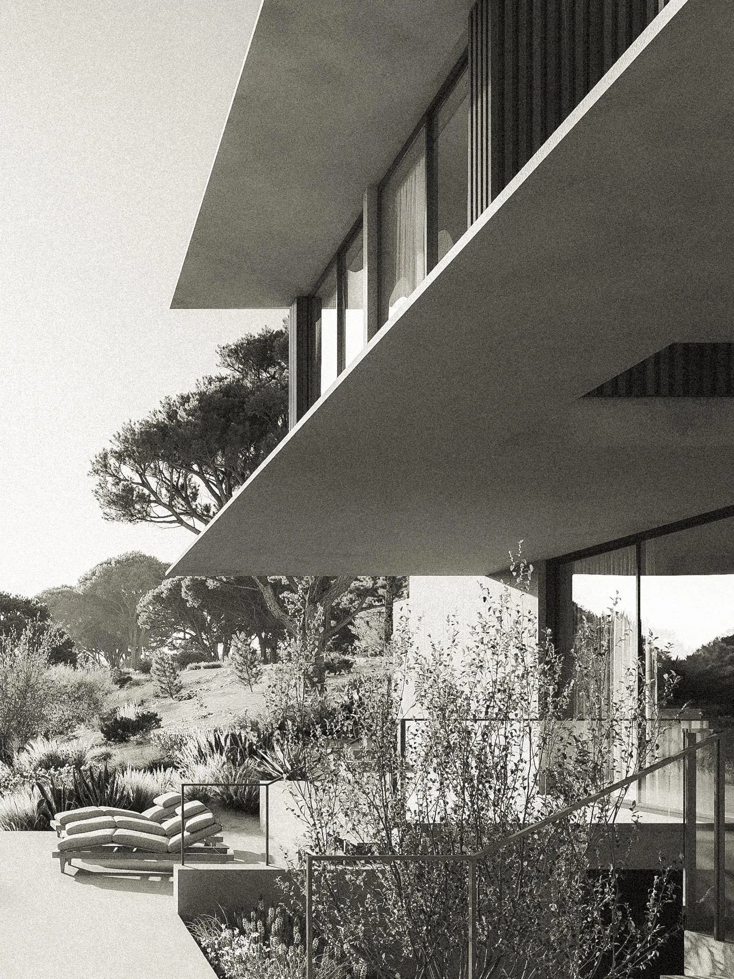 Black and white textured study of the cantilevered volumes