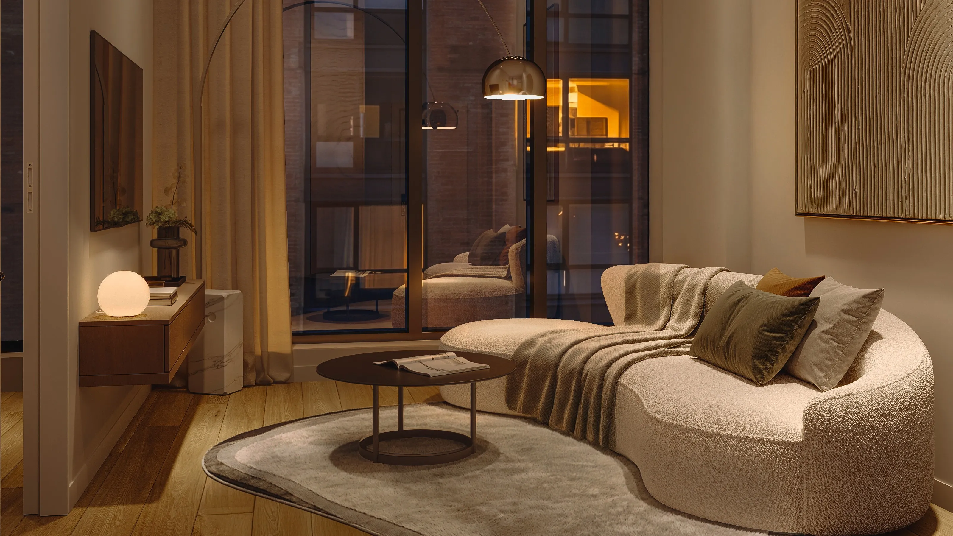 Living room with a curved sofa and tall windows, 360 virtual tour