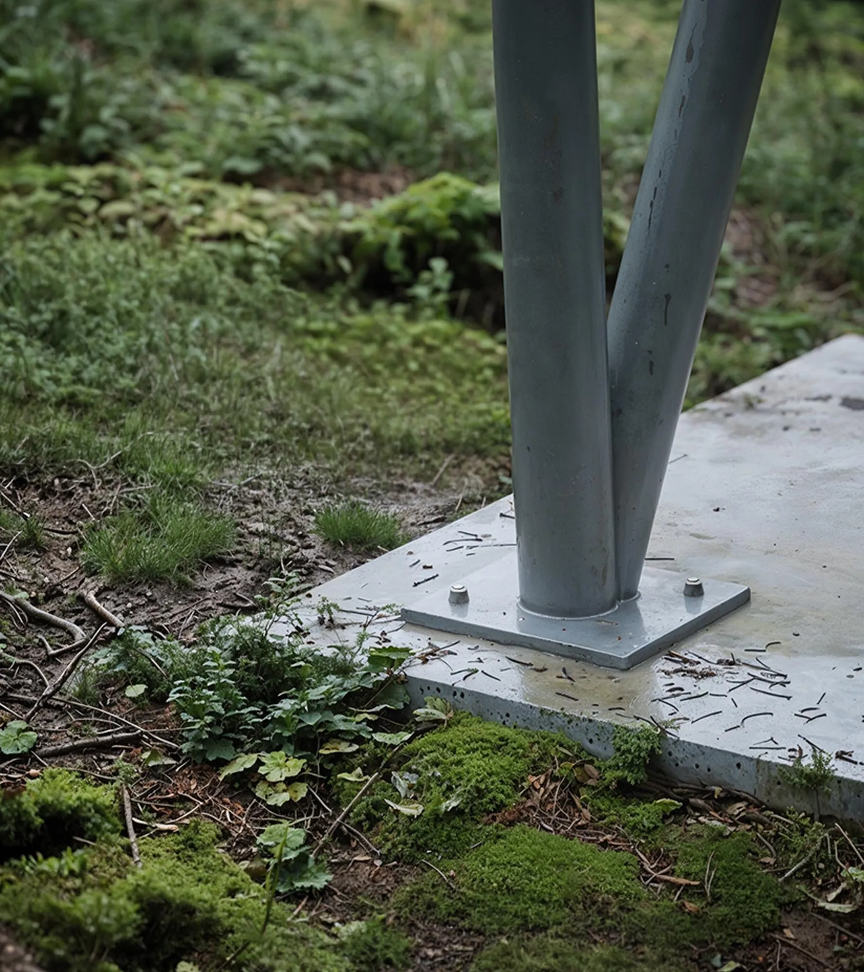 The steel leg of the cabin on its base