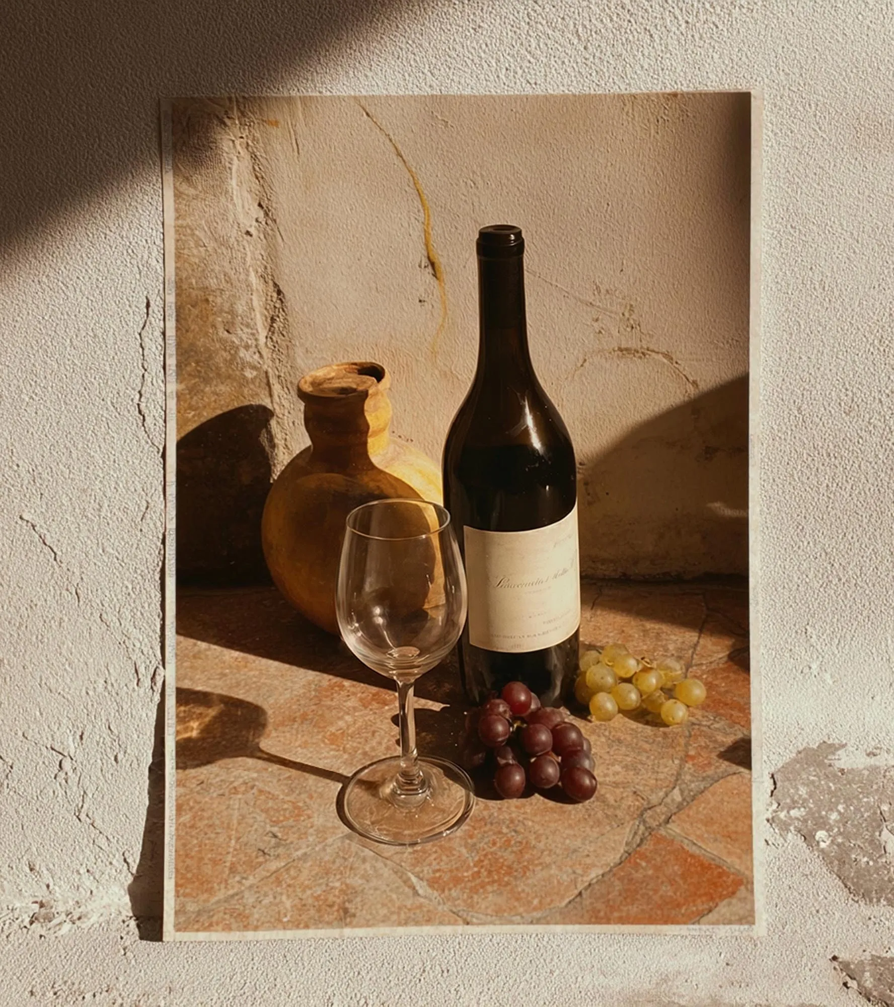 Wine bottles on the table in the evening light