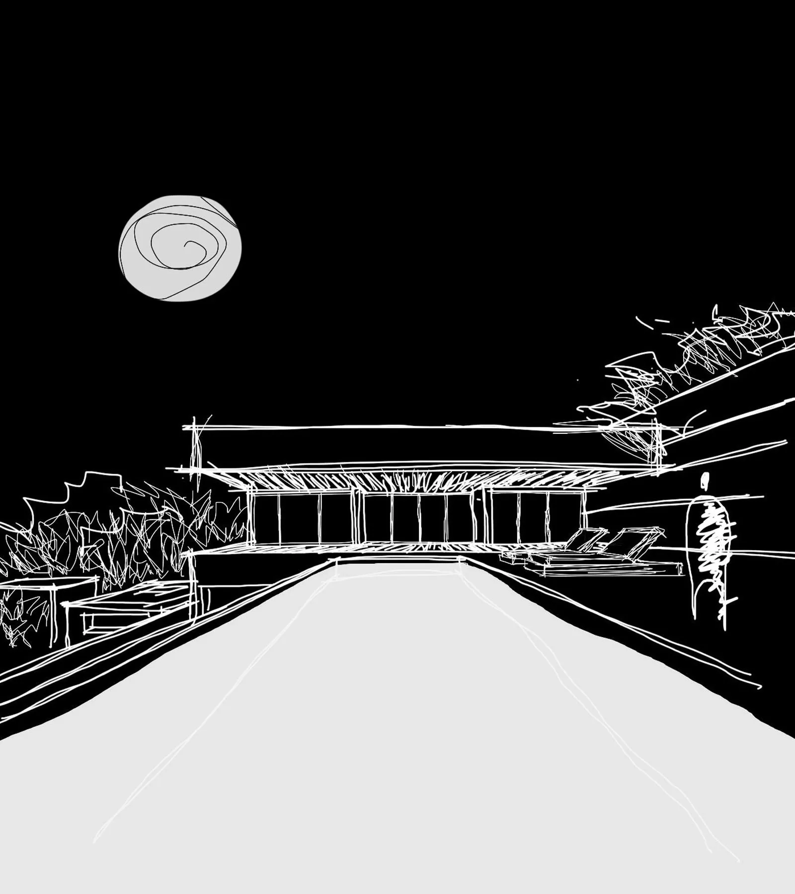 Night drawing of the house with full moon