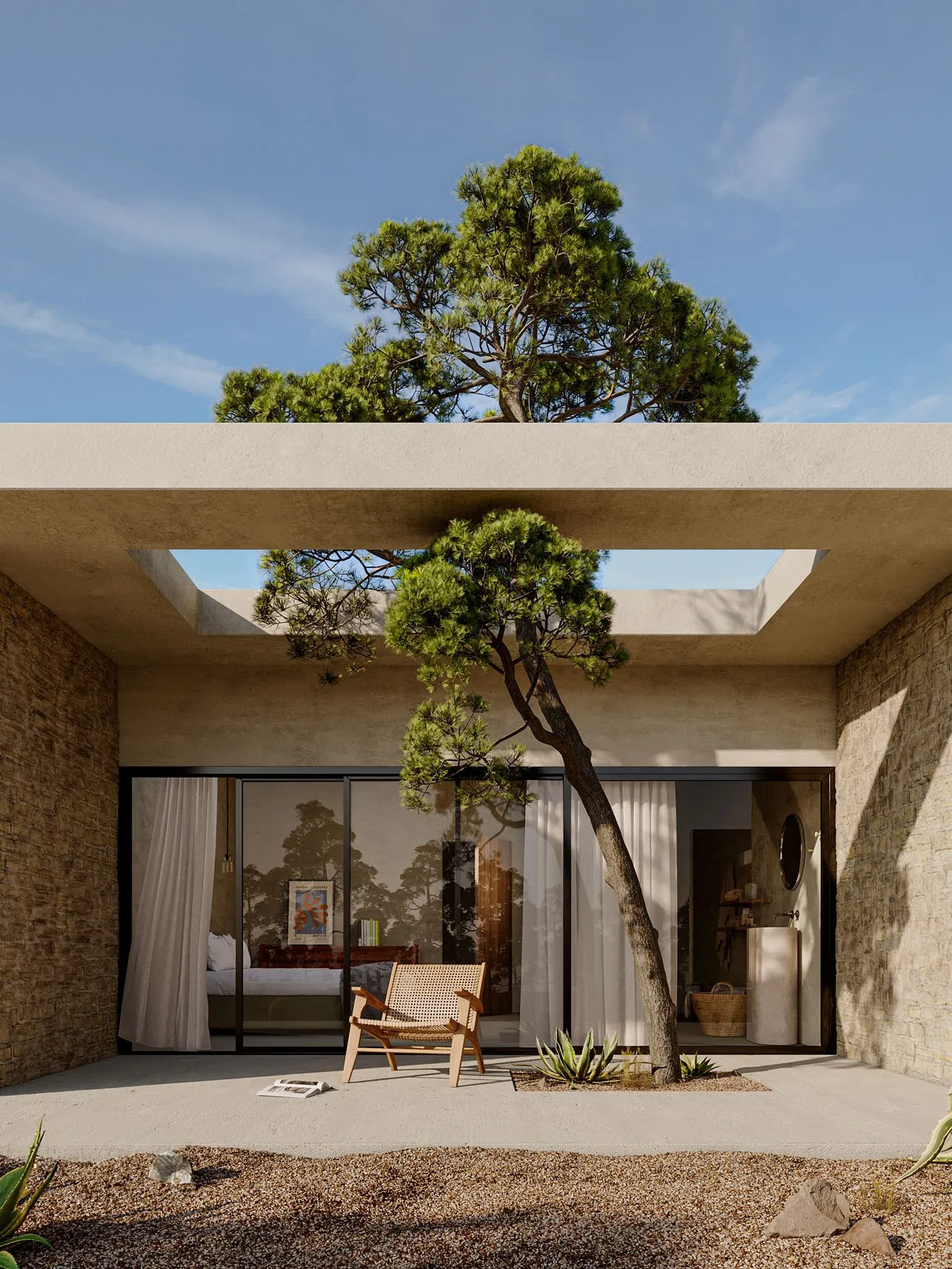 Patio with a pine tree and a chair