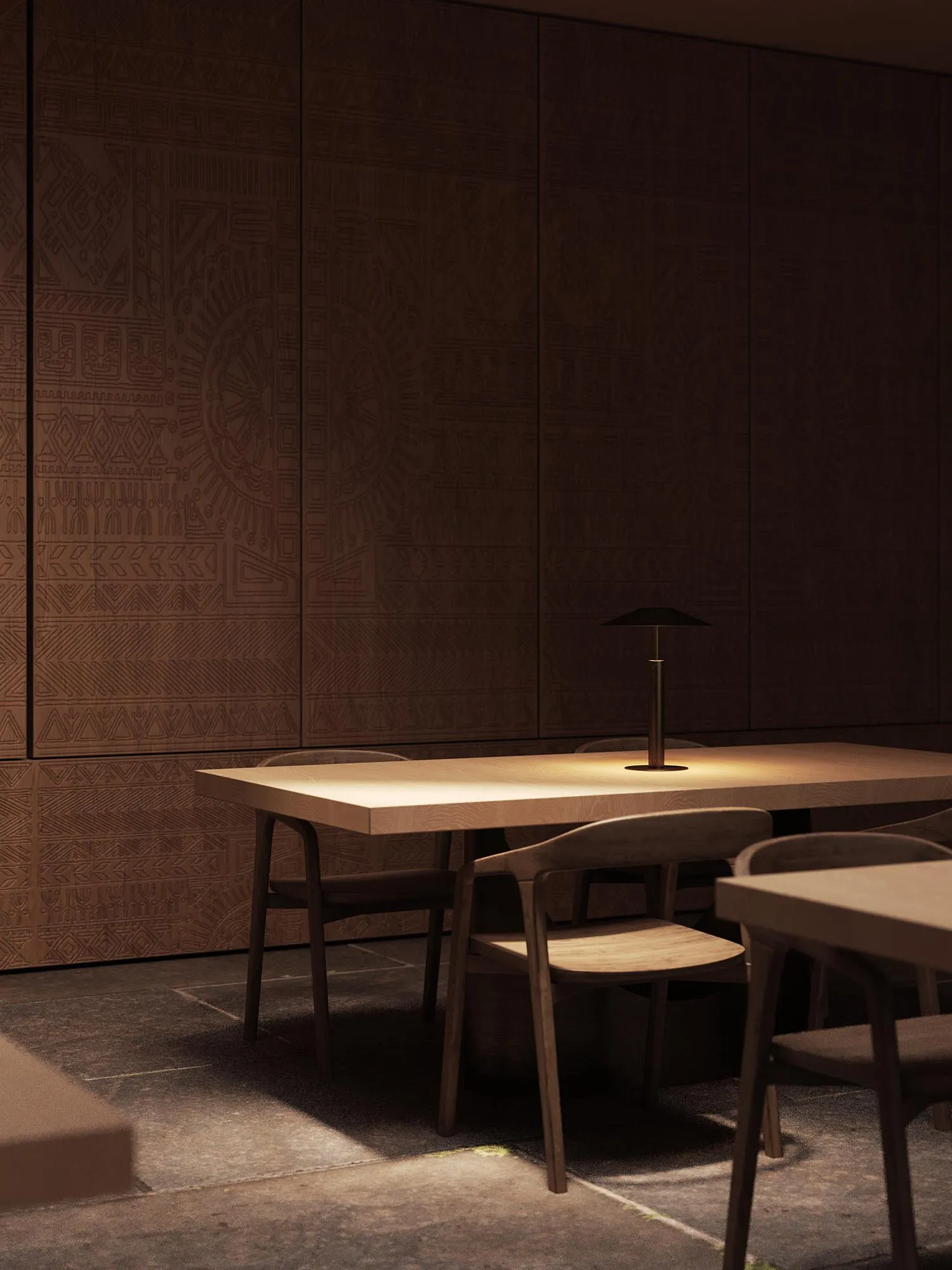 Dining tables with a lamp, warm timber