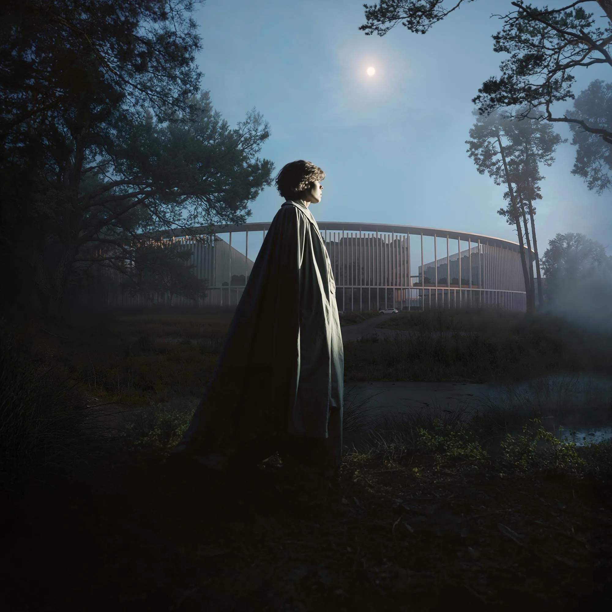 A figure in the field at night, the moon
