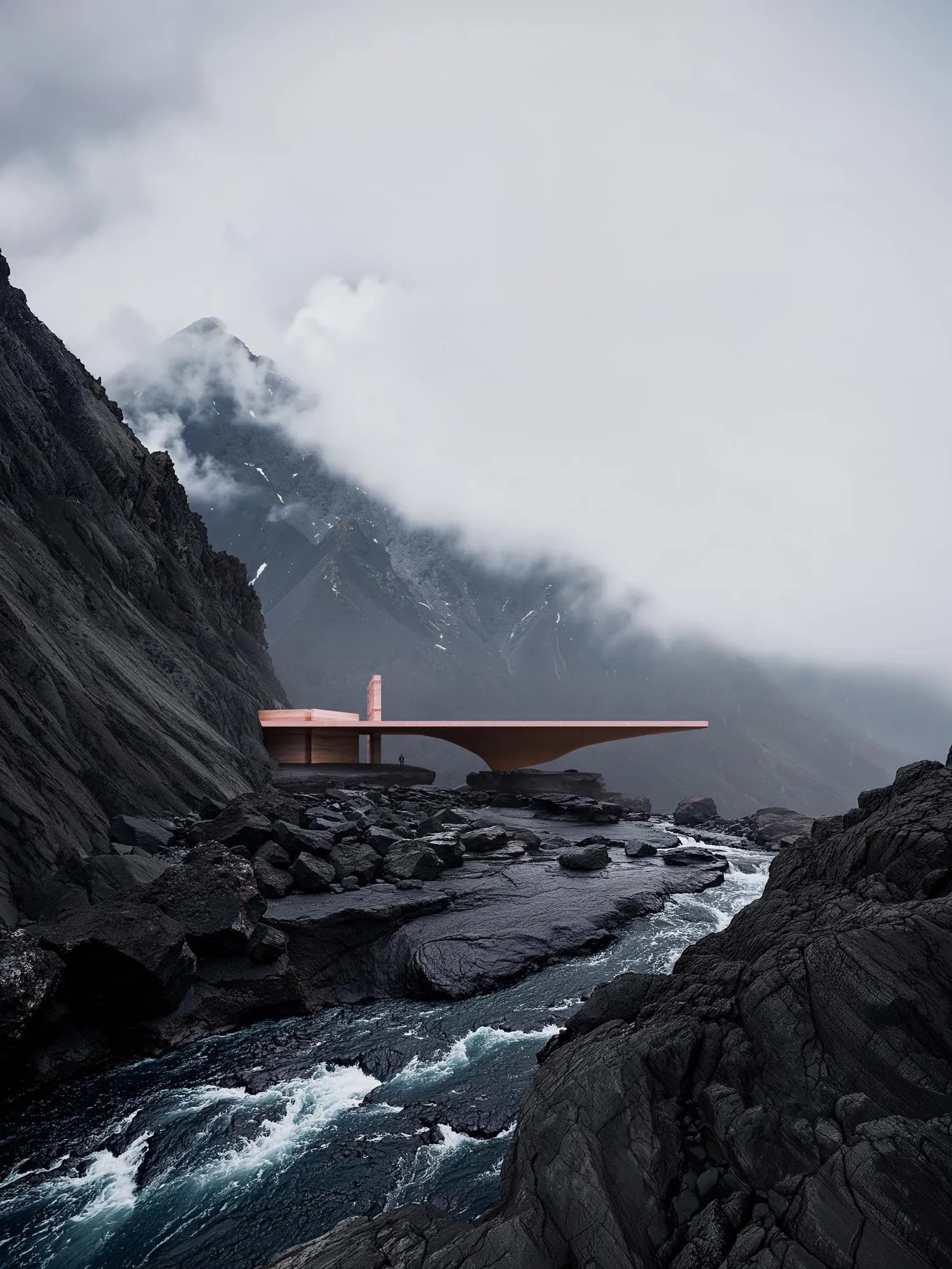 The volume above the river gorge, snow peaks