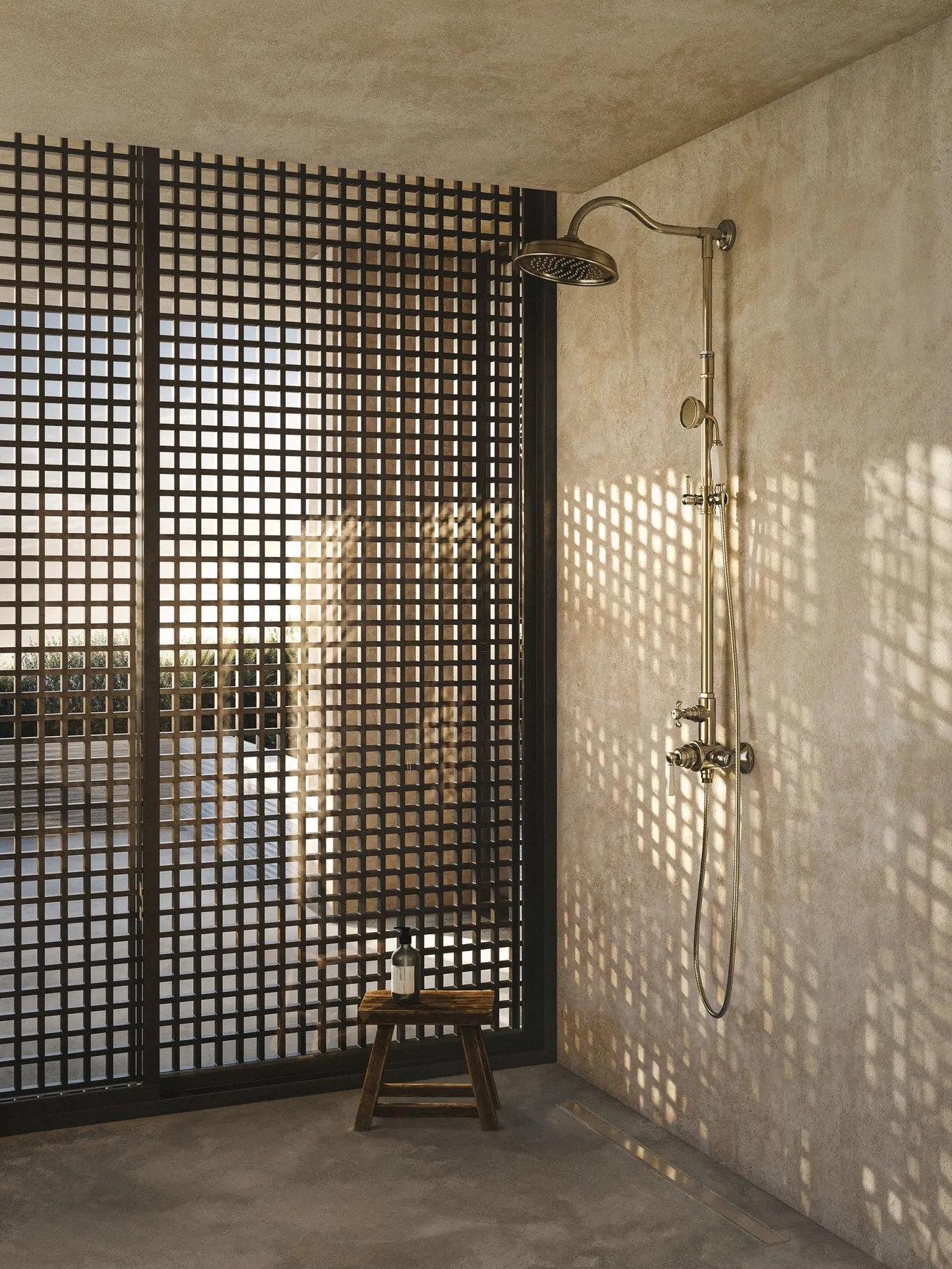 Dark detail of the shower screen and stone