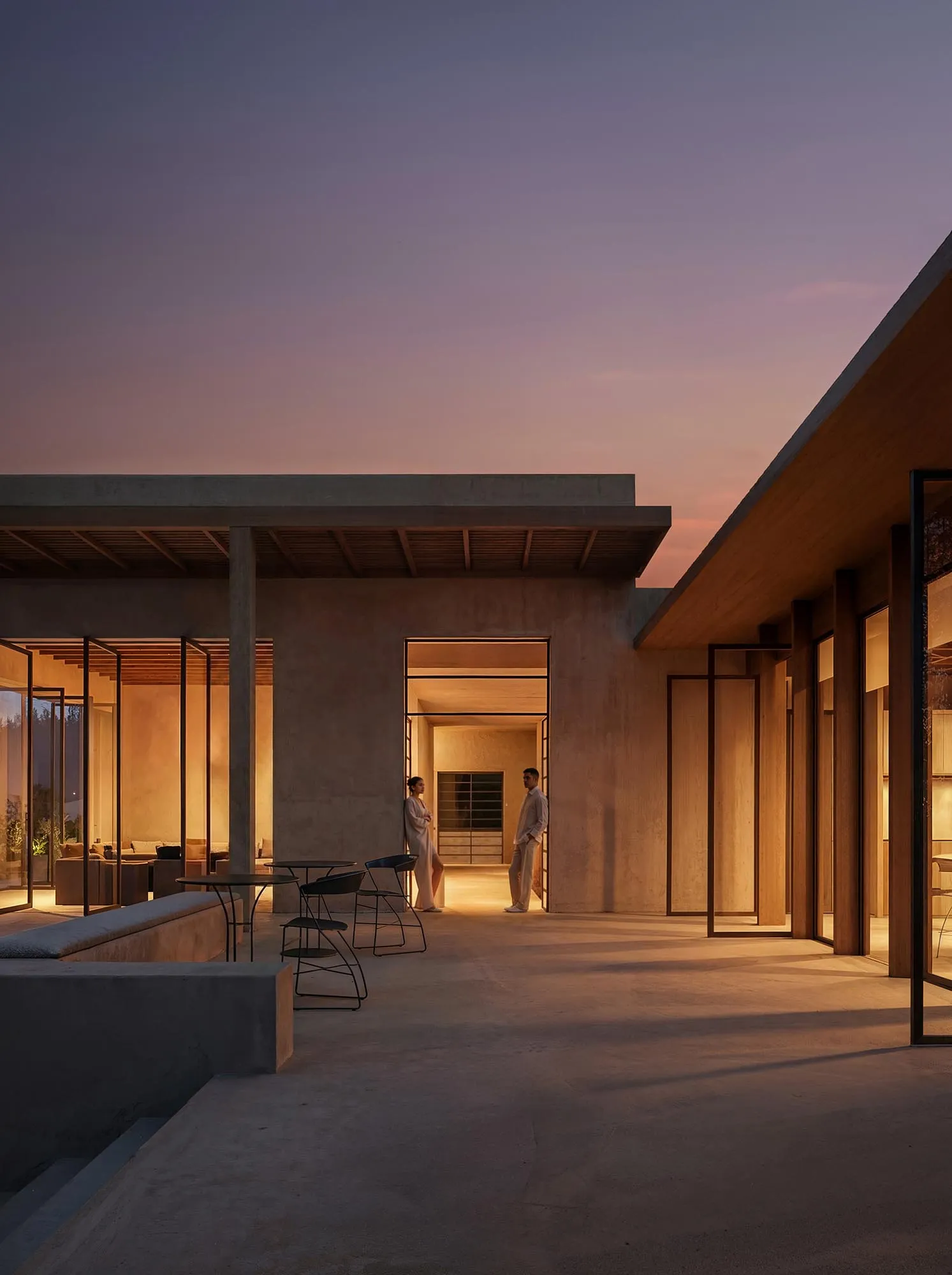 The pavilion at sunset, glass and pool