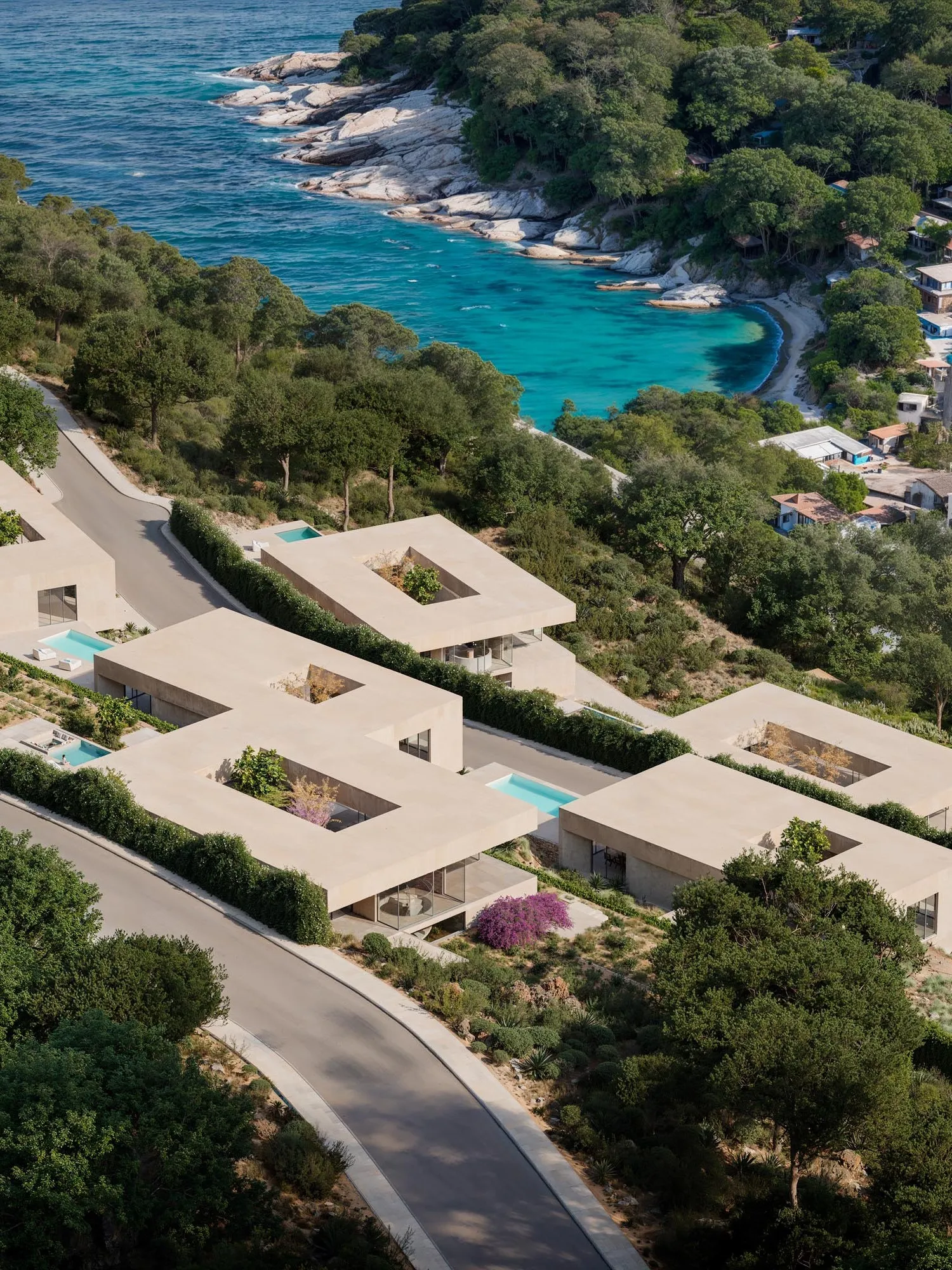 Aerial view of the cove and the roofs