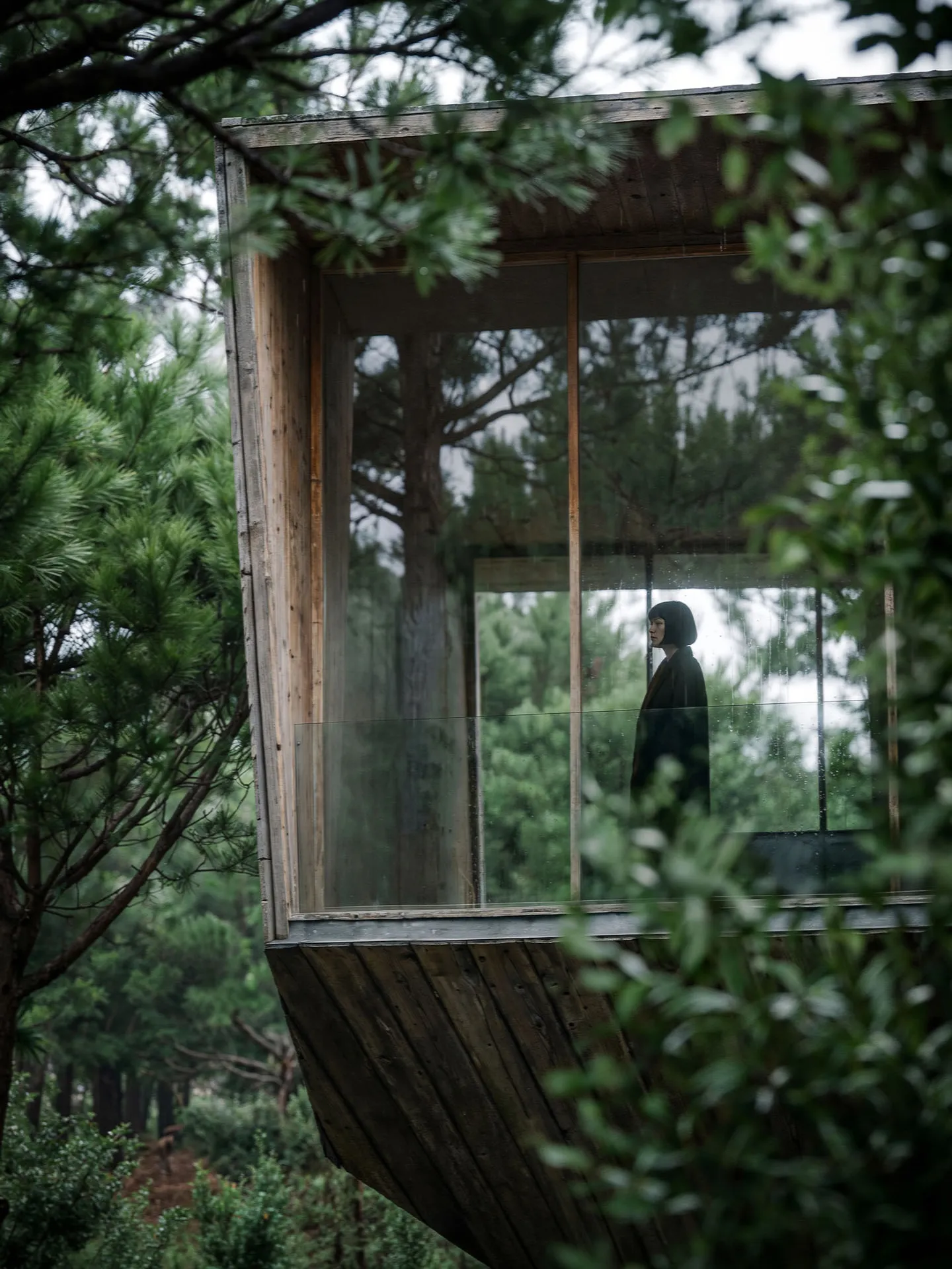 Cabin window with a figure, among the pines