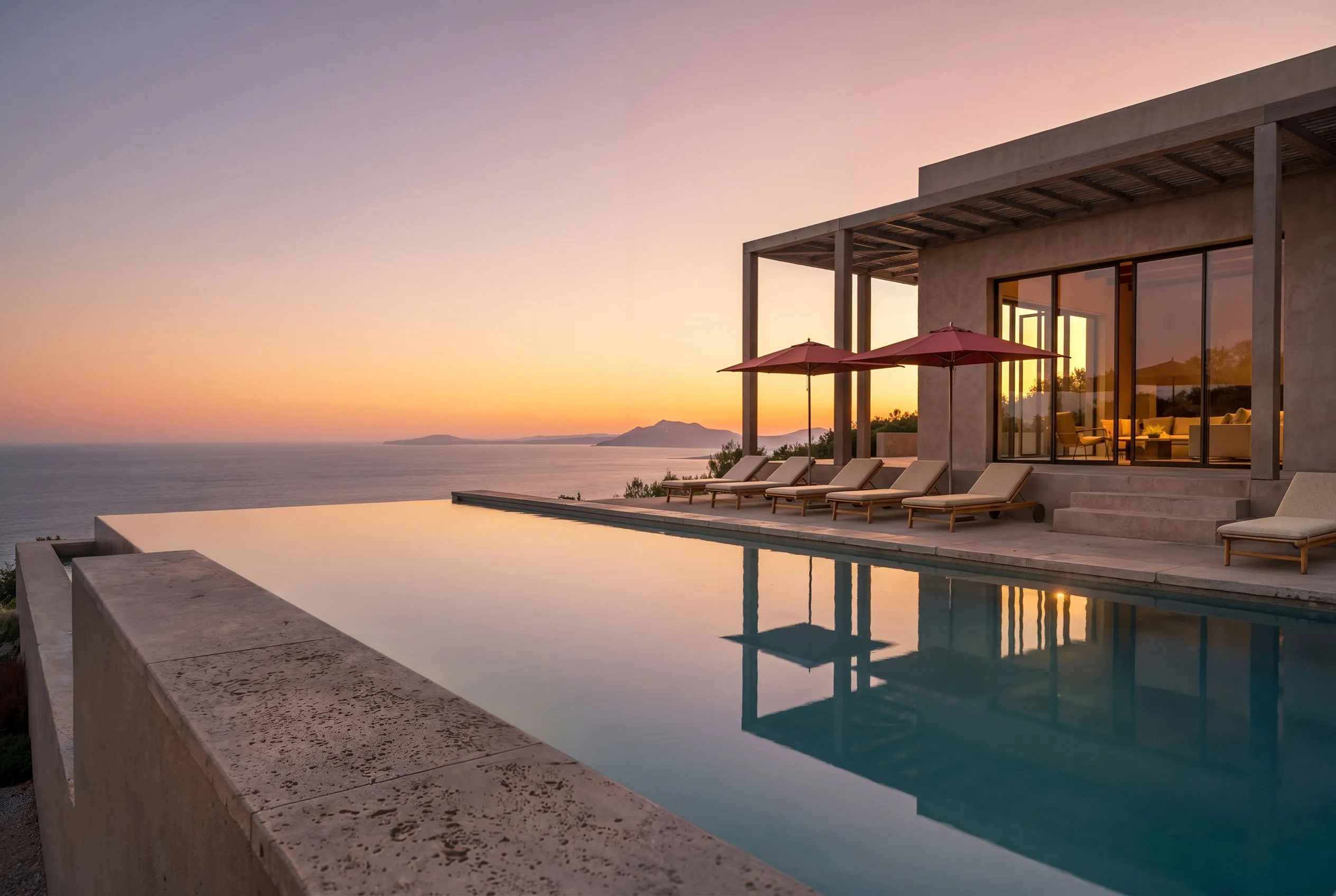 The pool and the hotel at dusk, reflections