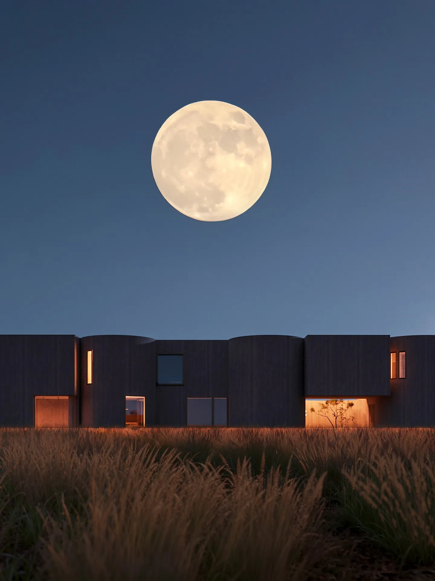 Full moon over the house, grasses in the foreground