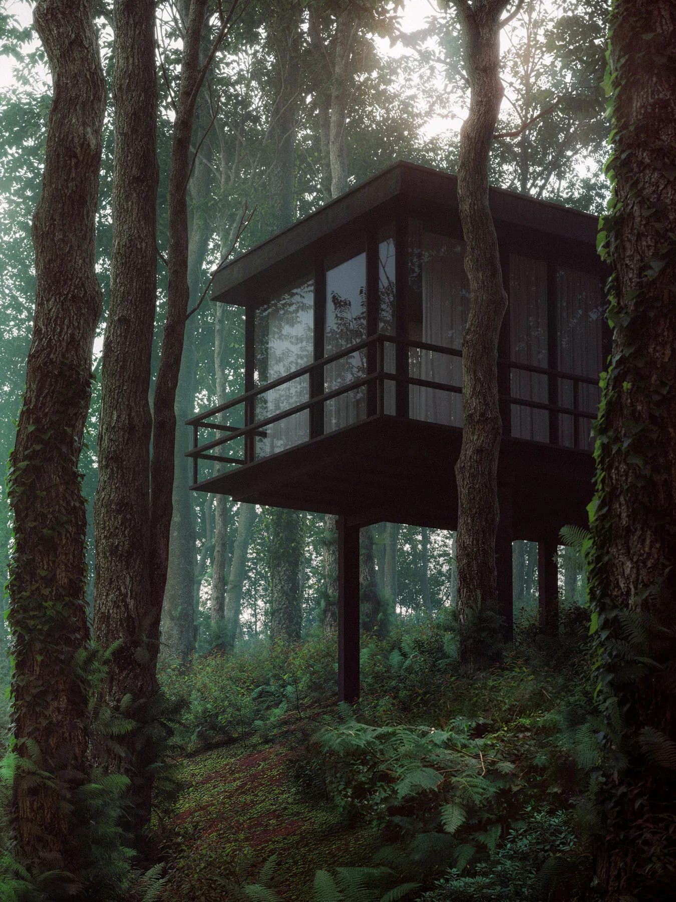 Cabin on a column in the dark forest