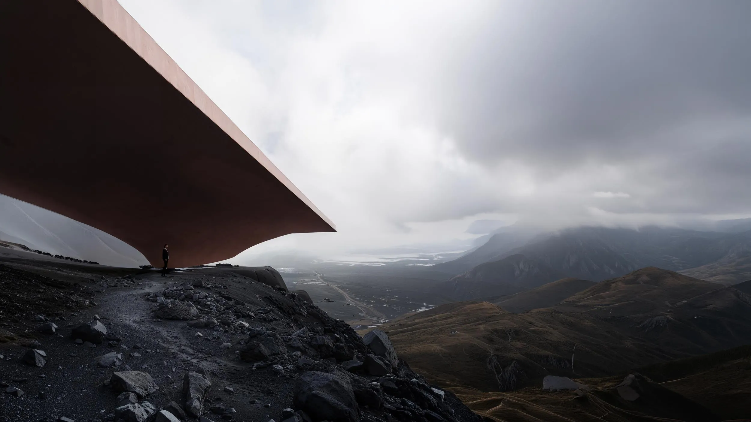 Cantilevered roof above the mountains