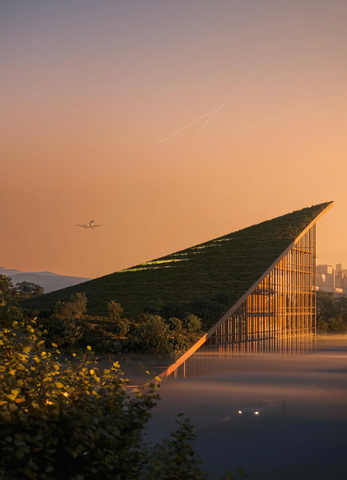 Sloping green roof at sunset