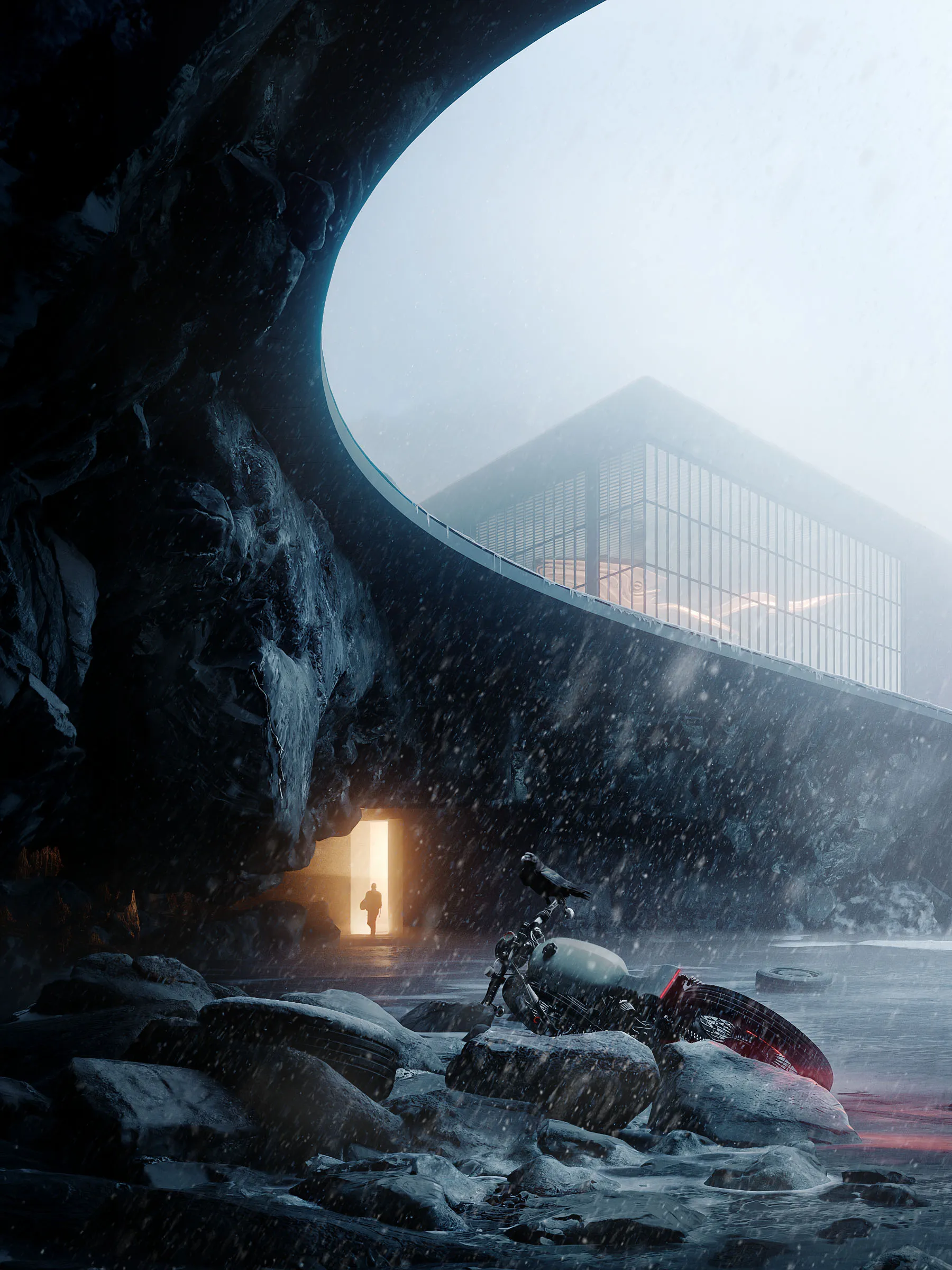 Cave with a motorbike and a lit door