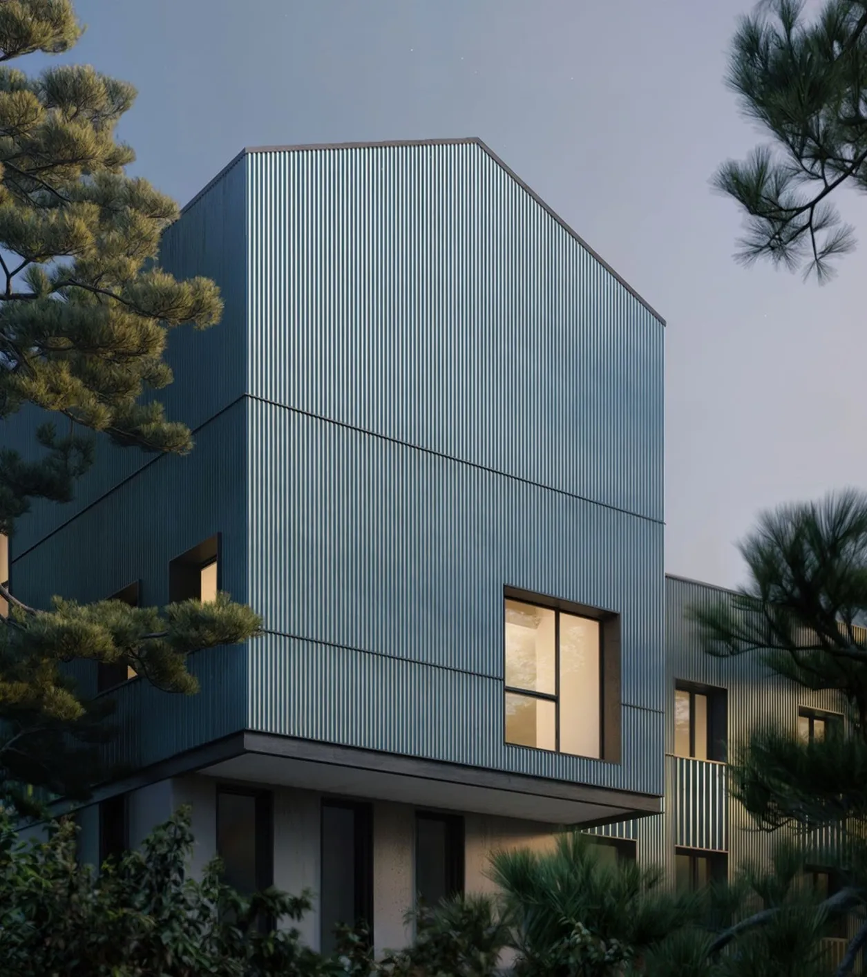 Green metal house among the pines