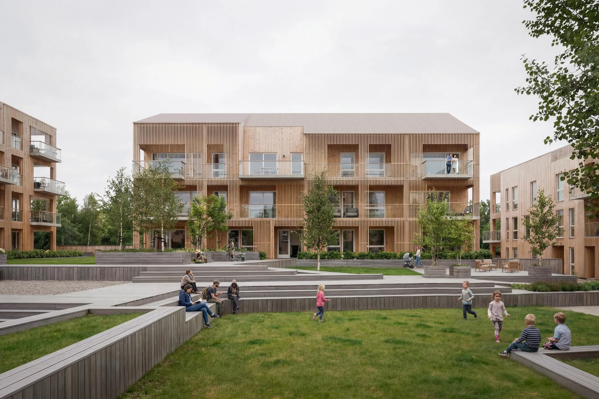 Timber housing around a lawn