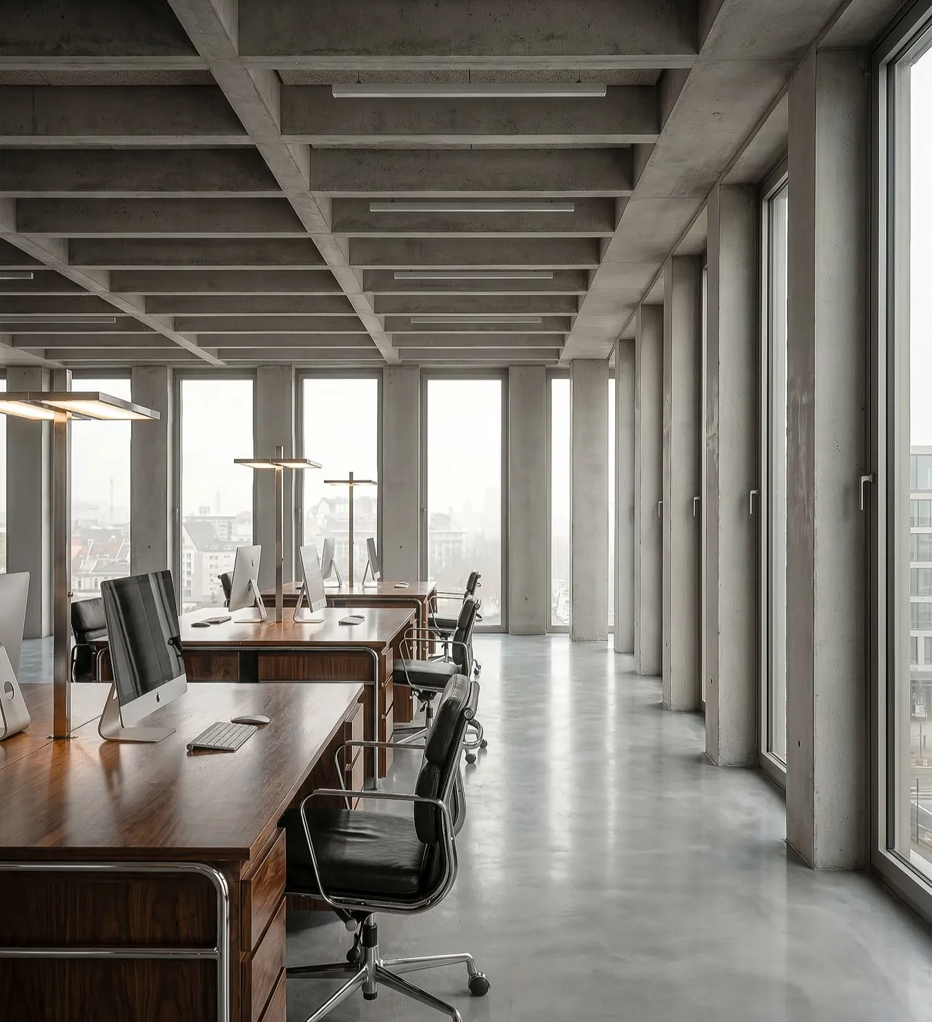Office with concrete columns and windows