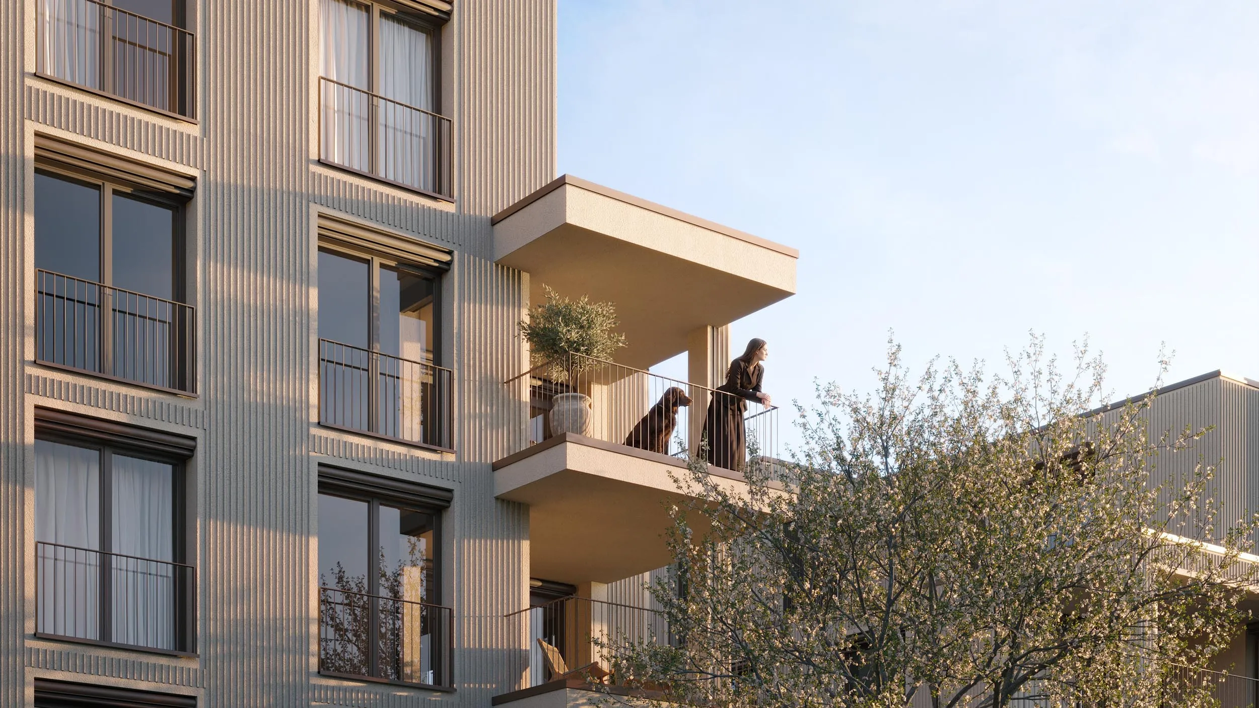 Balcony with people on a tall building