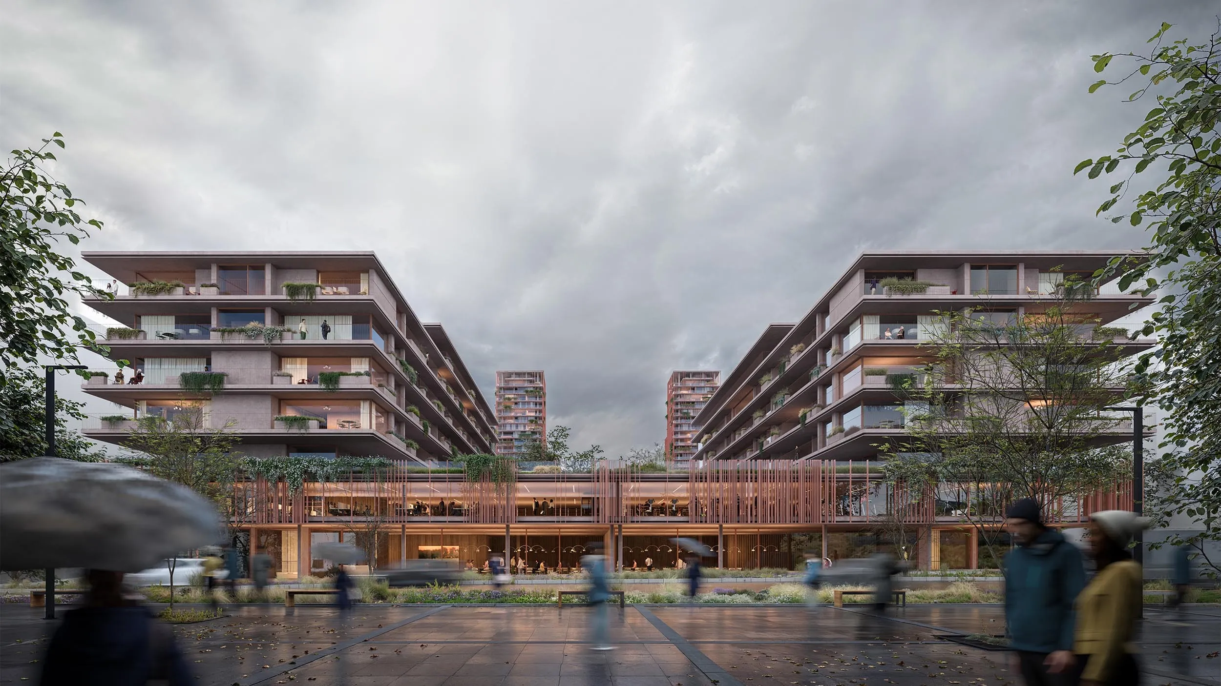 Housing blocks on a rainy day