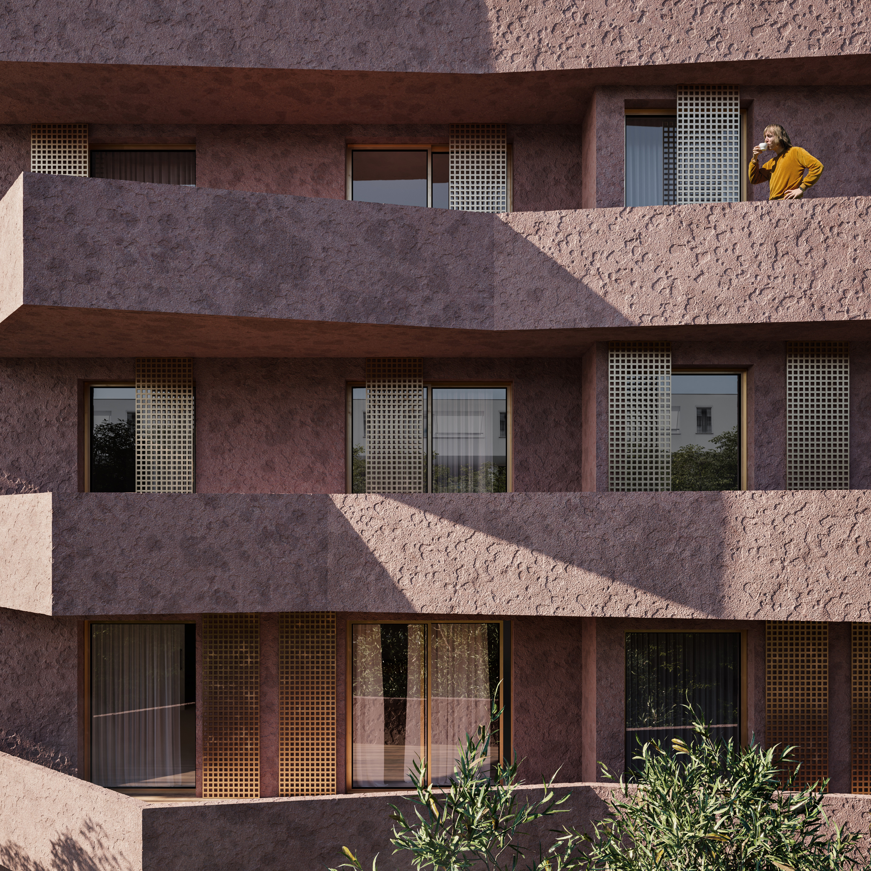 Red Block - Outdoors, facade detail, font view | GDA-V Architectural Visualization