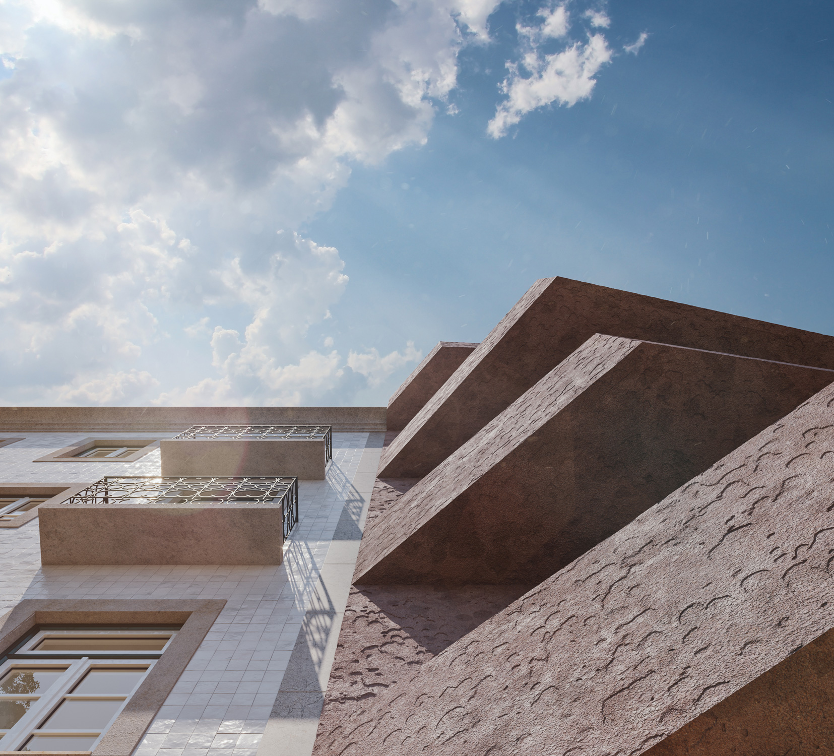 Red Block - Outdoors, facade detail of two wall finishings, from below | GDA-V Architectural Visualization