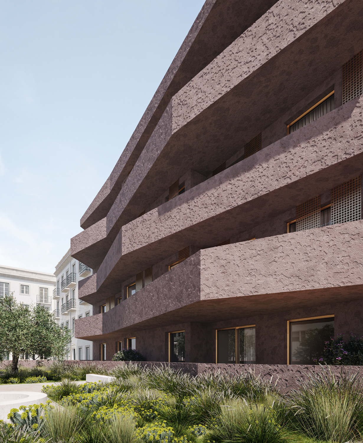 Red Block - Outdoors, facade detail, side view | GDA-V Architectural Visualization